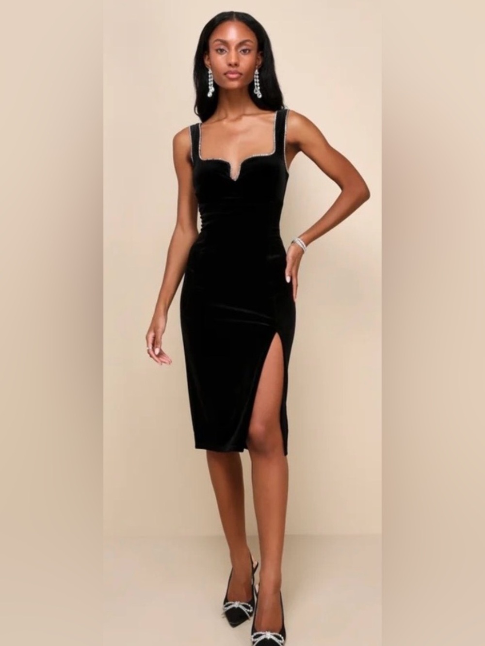 Lulu’s NWT Black Velvet Square-Neck Midi Dress with Side Slit